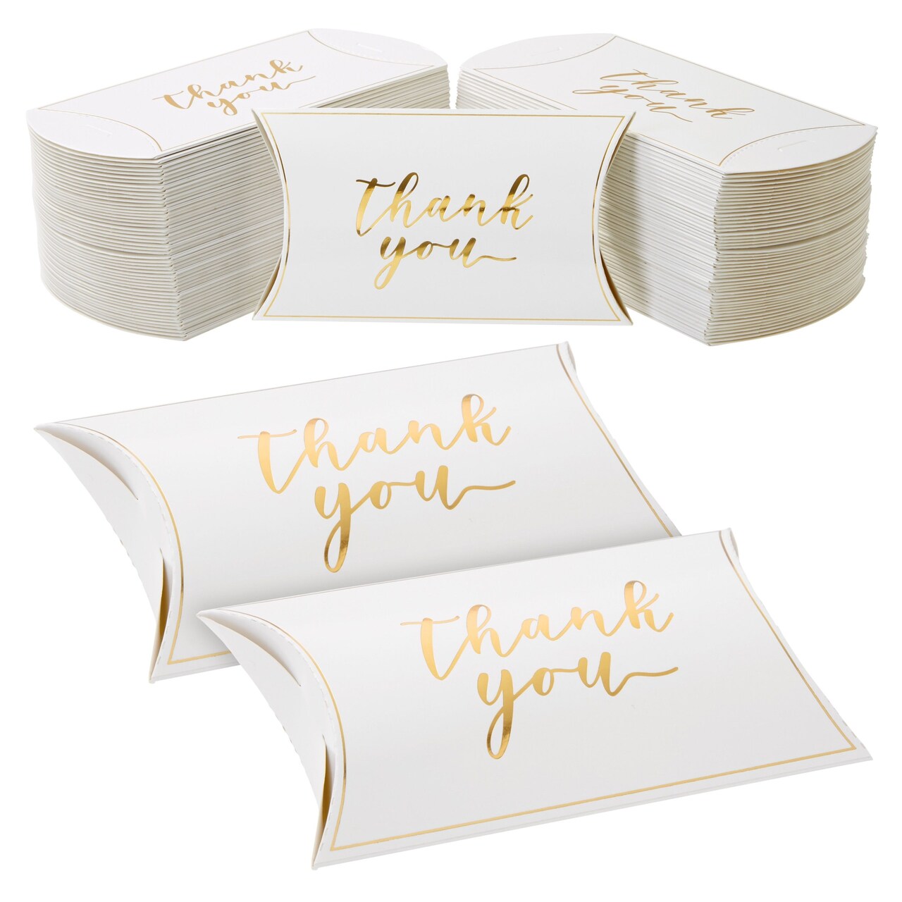 100-Pack Wedding Favor Pillow Boxes, Bulk 5.2x3.2-Inch Kraft Paper Thank You Gift Boxes for Party Favors (White with Gold Script)